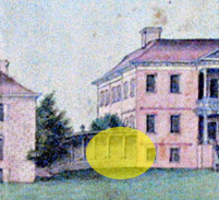 A detail of the 1765 watercolor.  The yellow circle indicates the area under investigation.