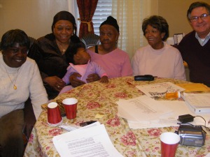(L-R) Mary Ann Brown, Ellen Alleyne, Ella Thompson in the arms of her great-grandmother Emmie Lee Bowens Jenkins, Mildred Thompson, and George McDaniel.