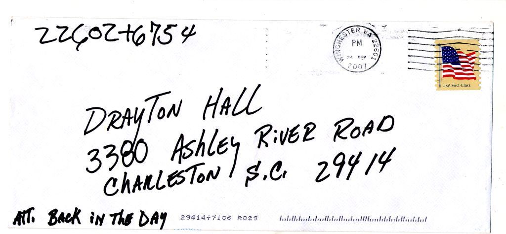 The envelope it was mailed in - postmarked Wincester, VA.