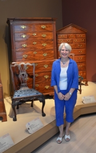 The author at the behind-the-scenes preview; on the left, a newly conserved mahogany side chair that once graced Drayton Hall’s great hall.