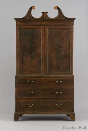 The Drayton family Clothespress was conserved by Colonial Williamsburg this past summer. Fabricated between 1785 and 1790, this example of case furniture is one of three known pieces of 18th-century Charleston-made furniture from the Drayton family to survive to the present, and the only example in our collection. It will be on display in the exhibit "A Rich and Varied Culture: the Material World of the Early South."
